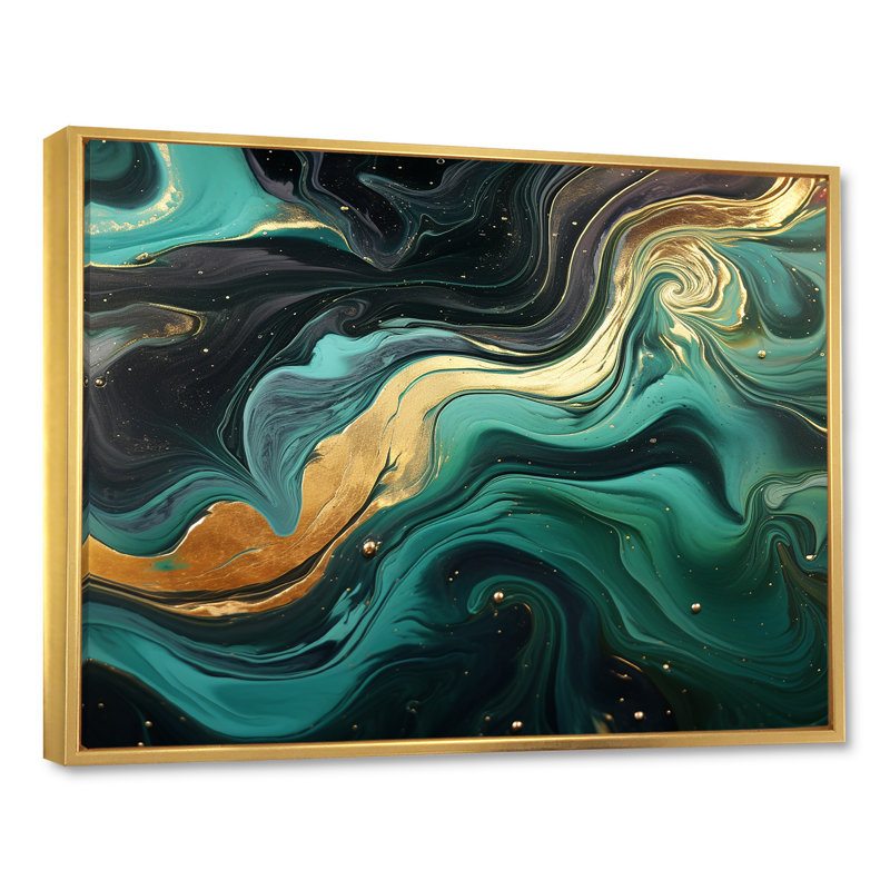 Abstrait vert et or, rivière Marble III - art abstrait sur toile marbrée, H 34 po x l 44 po x P 1,5 po, Cadre flottant doré