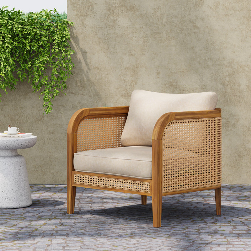 Cleothis Patio PE Rattan Lounge Chair With Acacia Wood Frame, Teak