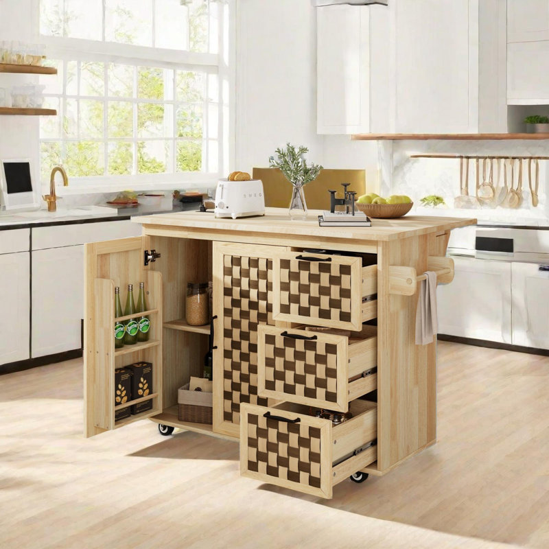 Checkerboard Pattern Design Kitchen Island with Drop Leaf
