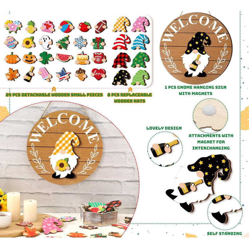 Seasonal Gnome Interchangeable Decor 12 in. x 12 in. Round by Wooden Wall Art