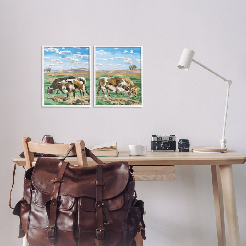 Vaches broutant dans un champ, ensemble de 2 giclées sur toile par Melissa Wang, Giclée encadrée blanc bord de mer