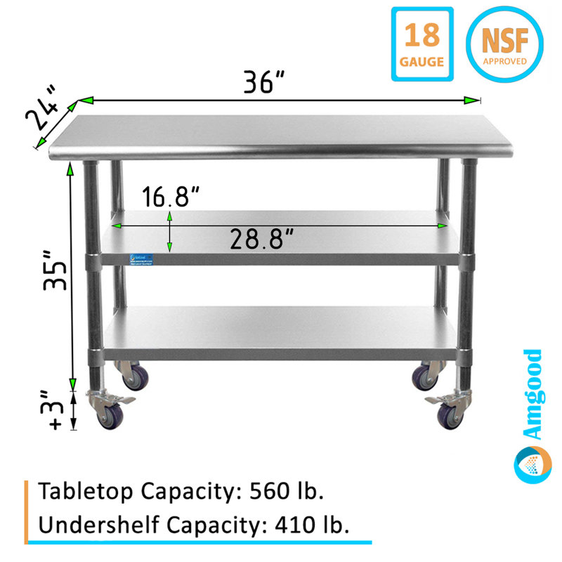 Rolling Prep Table with Stainless Steel Top, 38" H x 36" W x 24" D