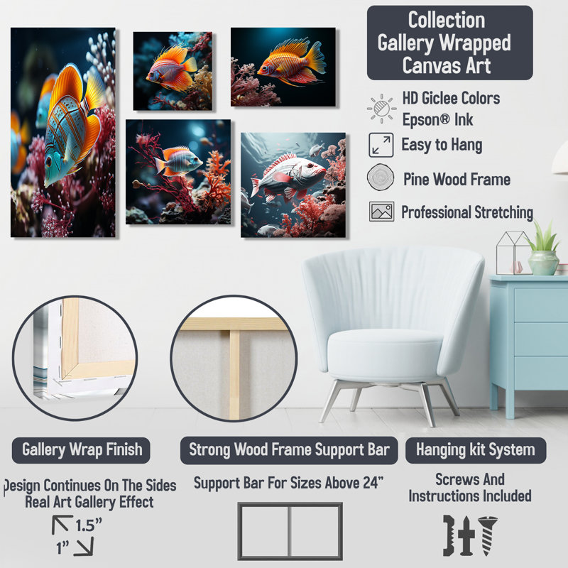 «Beautiful Butterflyfish I» - Ensemble de 5 impressions sur toile de corail sous l'eau, Toile tendue