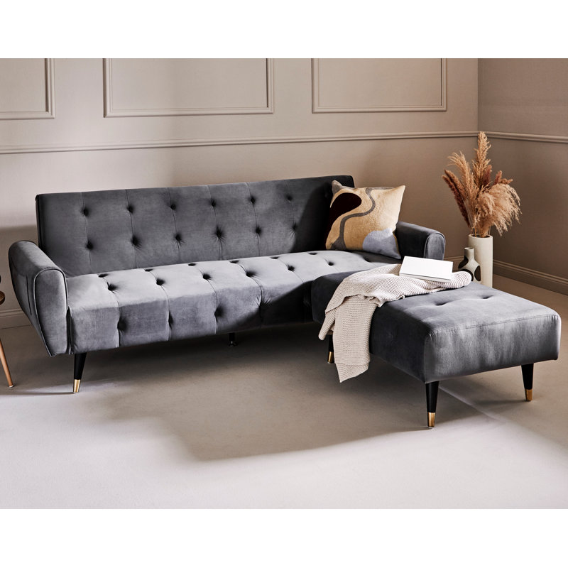 Canapé-lit réversible de 83,86 po de largeur avec méridienne et repose-pieds, Velours gris platine