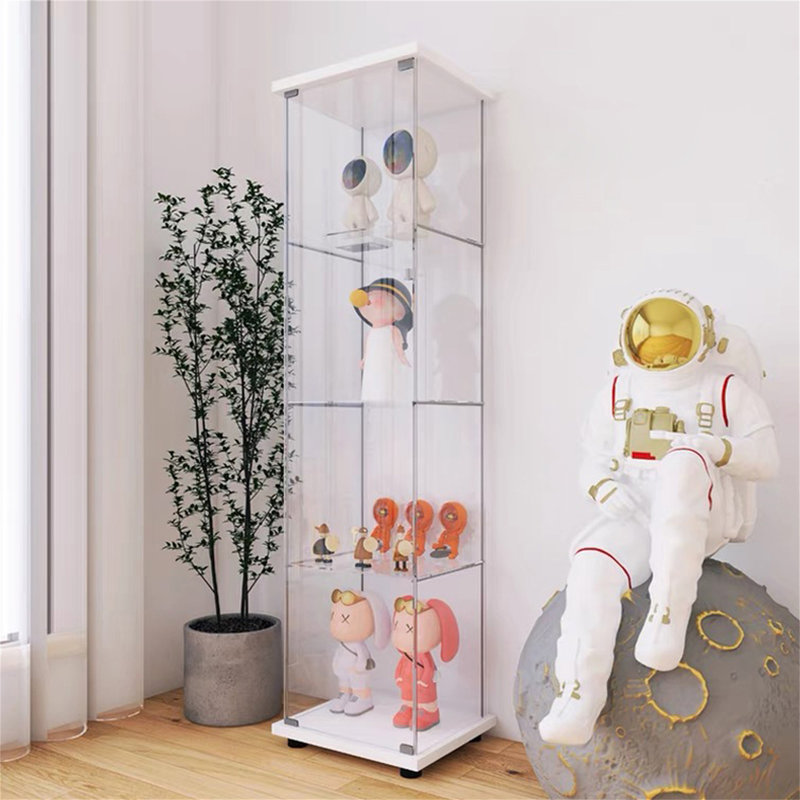 One Door Glass Cabinet Glass Display Cabinet With 4 Shelves, White