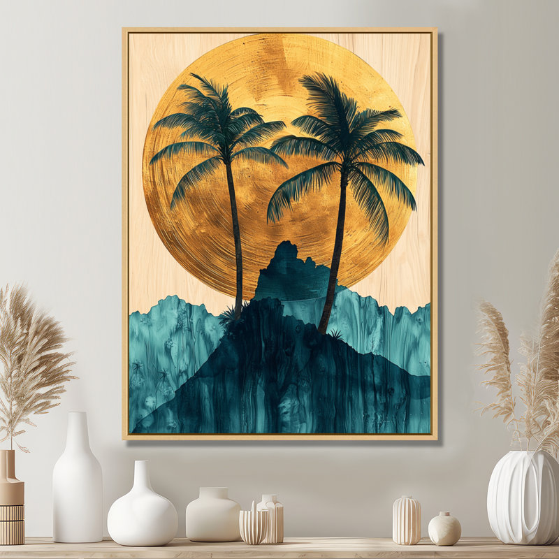 «Claragh Emerald Palm Trees On Golden Tropical Sunrise II», art mural, H 32 po x l 16 po, Impression sur cadre flottant