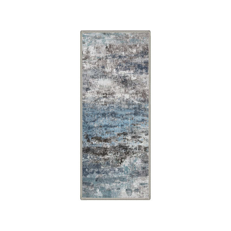 Tapis d'intérieur bleu / blanc / noir Comeau Aura, Tapis de couloir de 2 pi x 7 pi