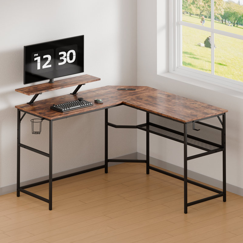 Daown Metal Base Computer Desk with Power Outlet, Brown