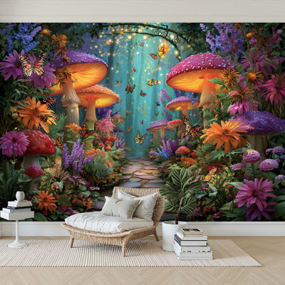 Peel and Stick Wallpaper 144" W x 100" H Modern Self Adhesive Wall Mural for Bedroom Fairy Forest Fairytale Wonderland Flowers Jungle Butterflies Mushrooms
