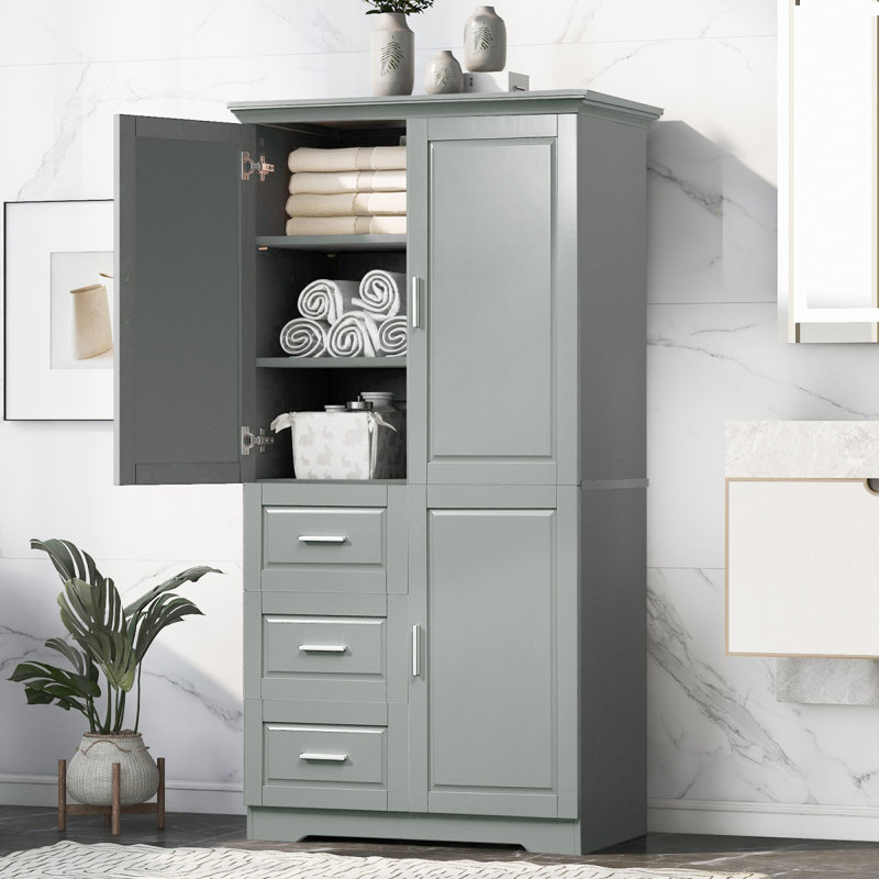 Grey Tall And Wide Storage Cabinet With Doors And Three Drawers For Bathroom Or Office Use | Gift Idea, Gray
