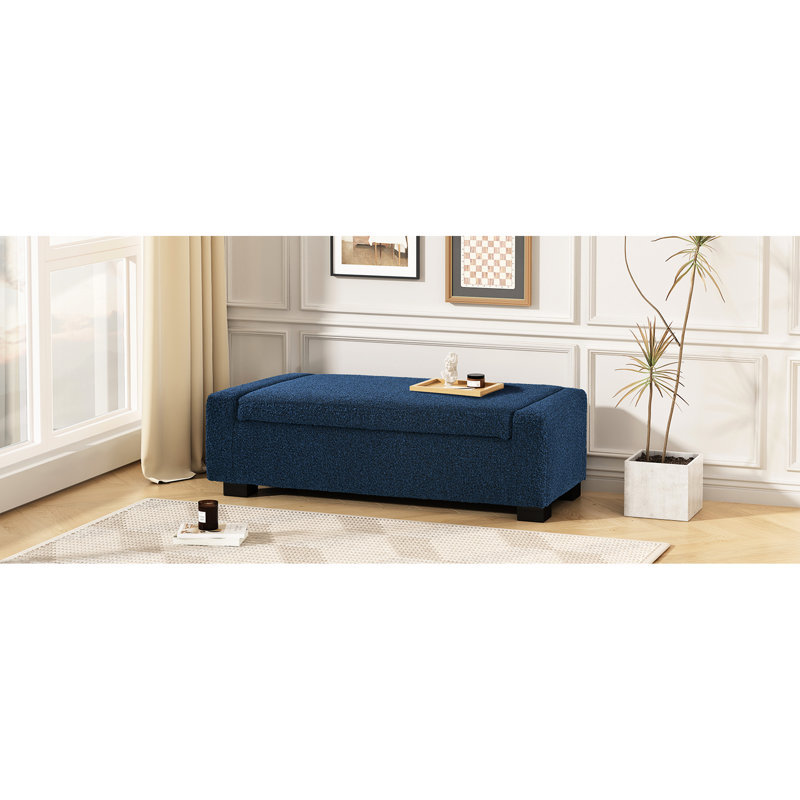 Banc de 50 po en tissu doux texturé bleu, rangement à couvercle rabattable, pieds en bouleau de style rectangulaire en tissu, pieds, charnières faciles à utiliser