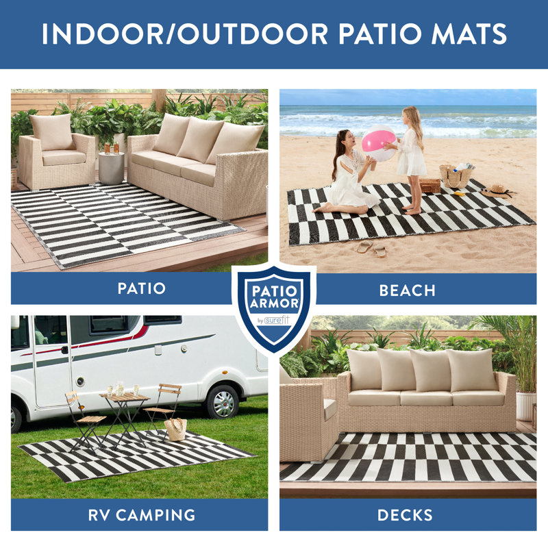 Black and White Reversible Synthetic 6' x 9' Outdoor Rug