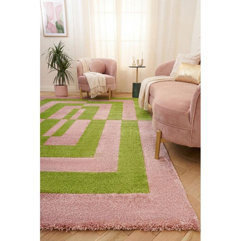 Joli Geometric Area Rug Soft Dense Pile for Living Rooms and Bedrooms, Rectangle 80 x 150 cm, Green/Pink