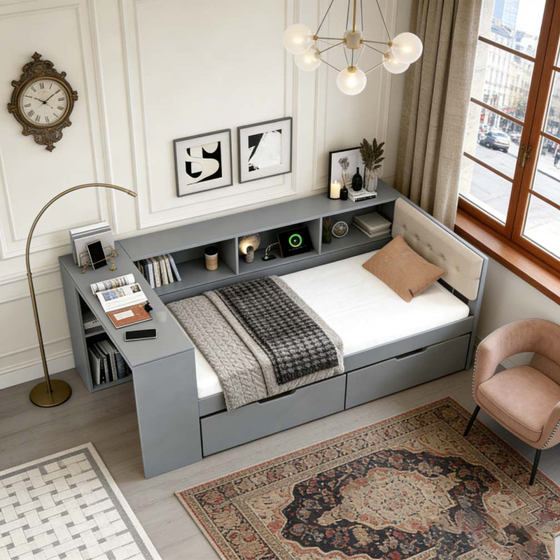 Lit plateforme simple en bois avec tablettes de rangement et tiroirs, Gris, Lit simple