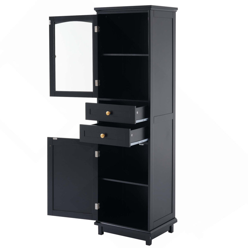 63-Inch Free-Standing Tall Bathroom Storage Cabinet With Glass Doors, Two Drawers & Adjustable Shelves, Black