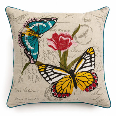 Papillion Embroidered Cotton Blend Reversible Throw Pillow