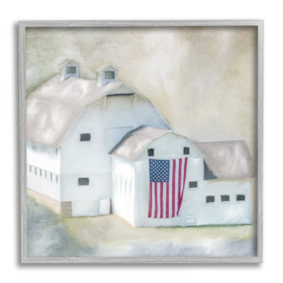 " American Flag White Farmhouse Barn Rural Countryside " Acrylic Painting