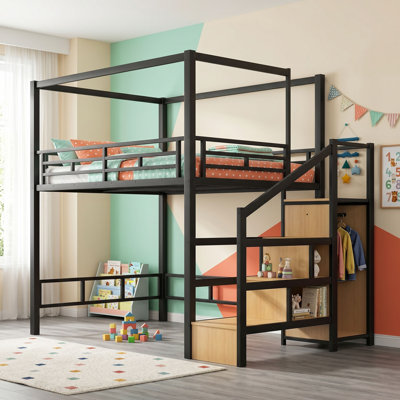 Metal Loft Bed with Storage Stairs, LED Light and Wardrobe
