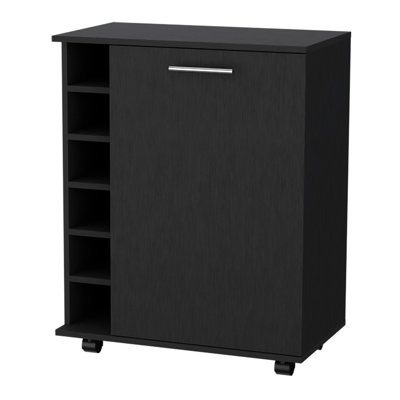 Black Bar Cart With 6 Holder And Inner Space Kitchen Built-in Rack Decorative Top