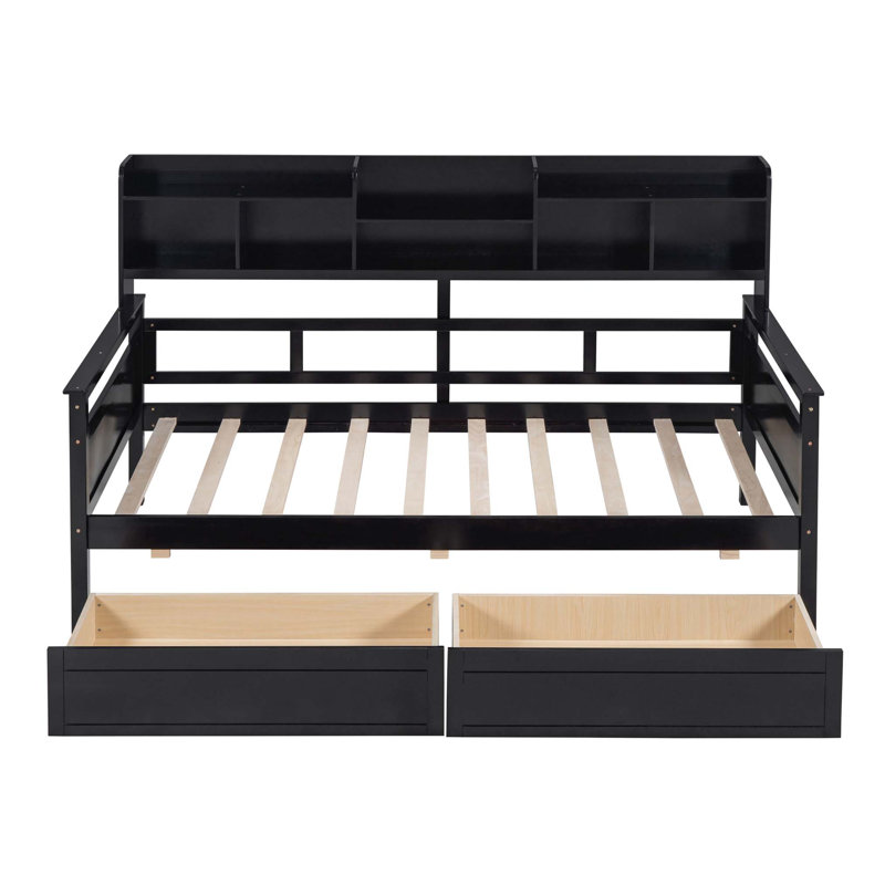 Twin Size Daybed with Bedside Shelves, Two Drawers, and Wood Slat Support for Enhanced Comfort and Storage., Twin, Espresso