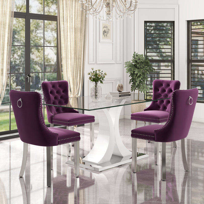 Ensemble de table de salle à manger rectangulaire en verre trempé, 5, Mauve, Blanc