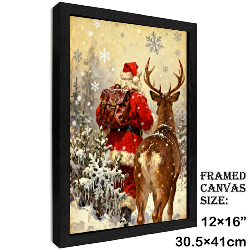 Père Noël rétro noir encadré avec art mural de style rétro, H 17 po x l 13 po