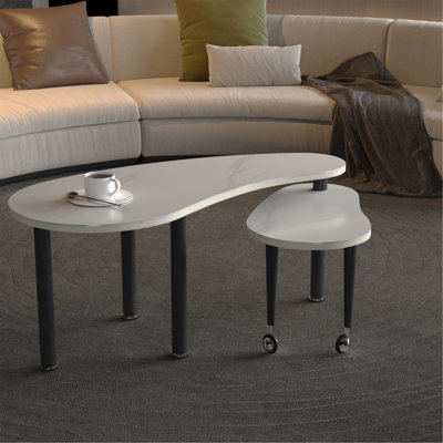 Table basse contemporaine rotative avec pieds en bois d'hévéa massif, table basse rotative à 360 degrés avec plateau en pierre frittée blanche de 6 mm pour le salon, la chambre à coucher, le balcon et le bureau personnel