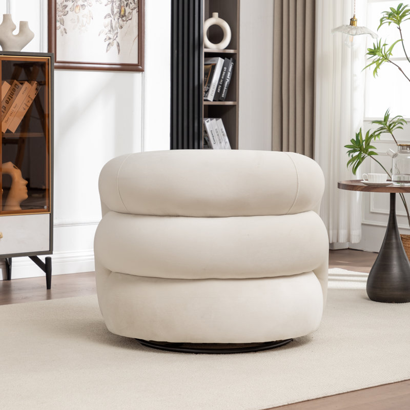 Fauteuil demi-tonneau pivotant rembourré Coyle, Velours beige, 1