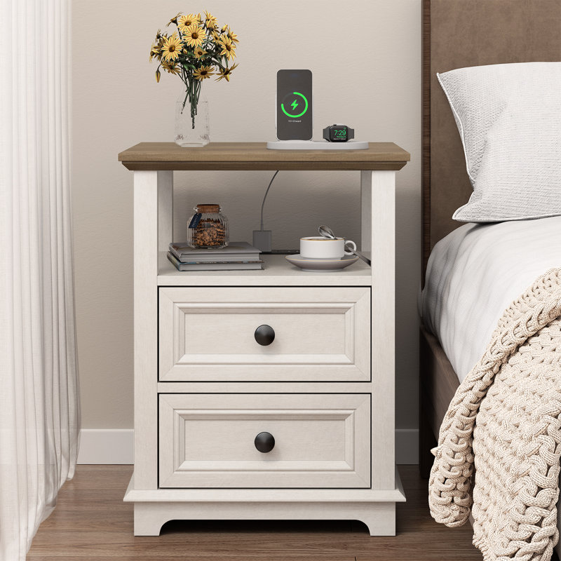 Chaky 2 - Drawer Nightstand with Storage and Built-In Outlets, White/Brown