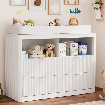 47.2"W Fluted 4-Drawer Kids Dresser with Detachable Changing Topper, Wooden Storage Cabinet with Open Storage for Toddler Bedroom, Nursery, Closet