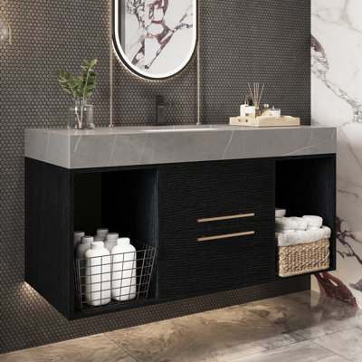 Meuble-lavabo flottant contemporain de 39,4 po avec plateau en faux marbre gris, lavabo en céramique de 15,6 po, 2 tiroirs en bois massif multicouches, tablettes ouvertes, finition texturée noire, ensemble de bonde pour l'installation,