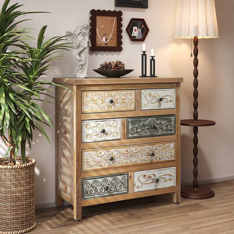 Commode vintage avec 7 tiroirs, commode de rangement rustique sculptée