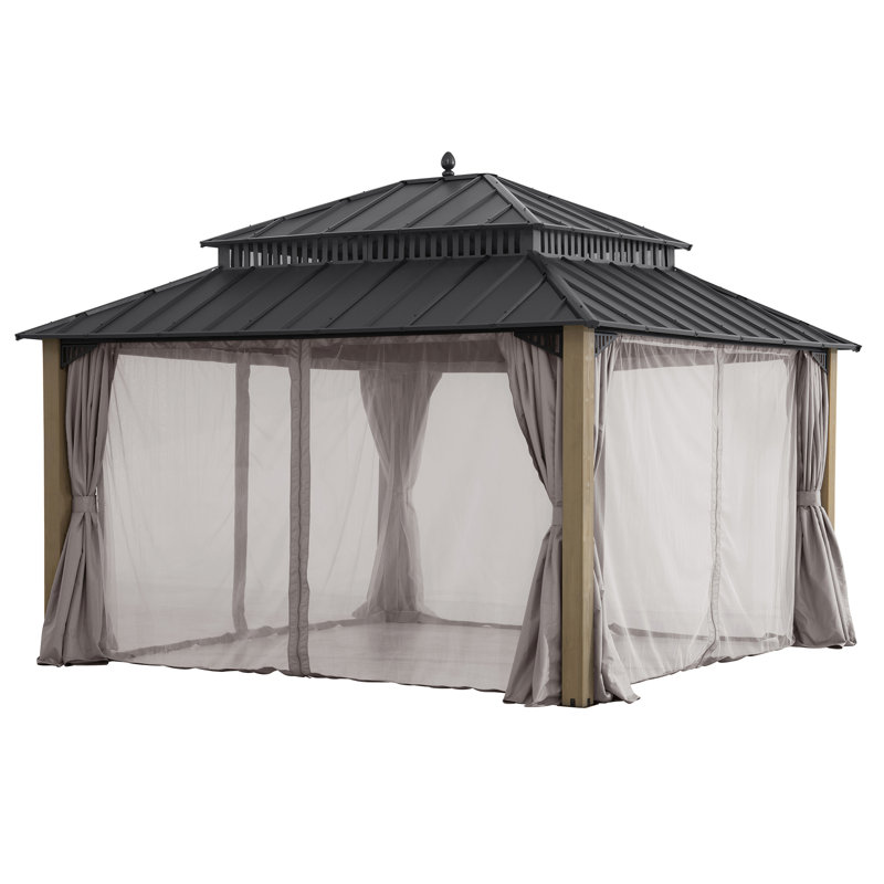 Gazebo SUNJOY Kingston 14x12 pi extra haut, toit rigide en acier, poteaux en bois de cèdre avec rideau et moustiquaire