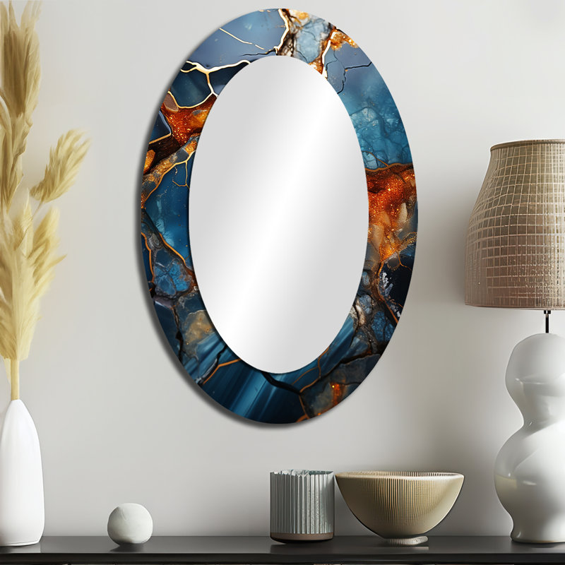 Gold And Blue Marble Mosaic Agate IV - Gold Modern Oval Wall Mirror, 36" H x 24" W