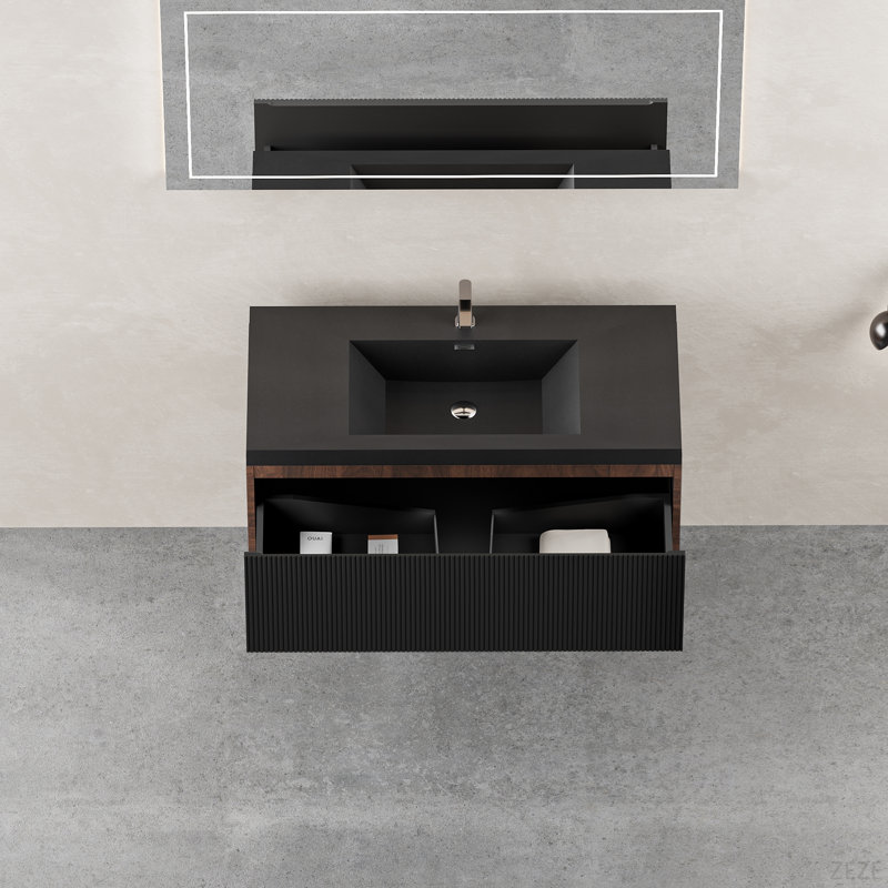 Meuble-lavabo mural 36 po avec lavabo à fixation murale et lavabo à sable à quartz flottant 36 po, Noir, 36"