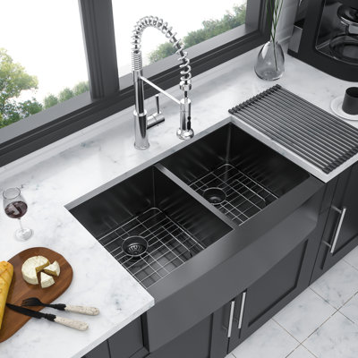 33"X21"X10" Stainless Steel Gunmetal Black Sink - Double Bowl  50/50  16G With Solid Durability Lasting Function