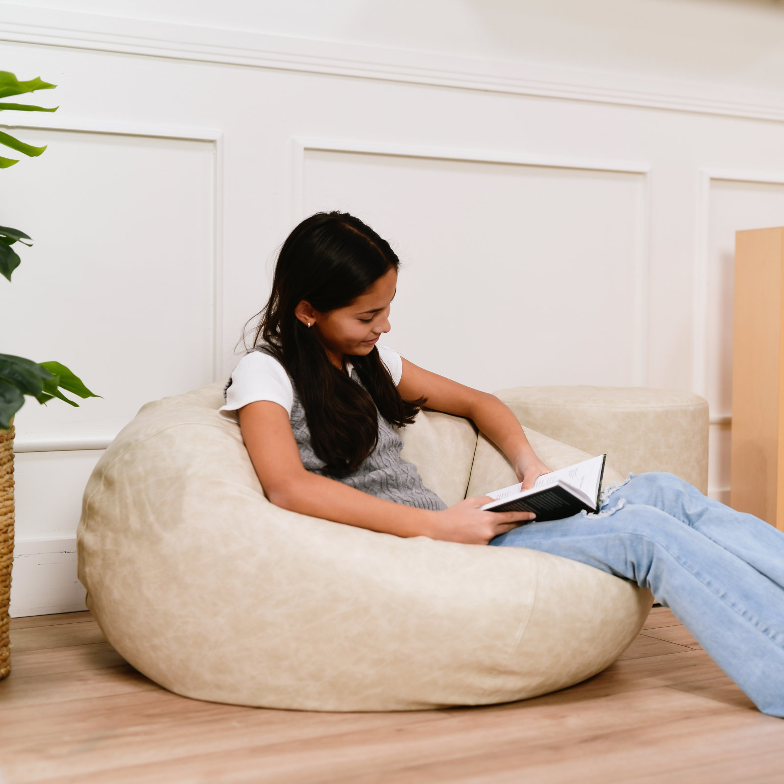 Standard Faux Leather Classic Bean Bag, Almond Faux Leather, 19" H x 35" W x 35" D