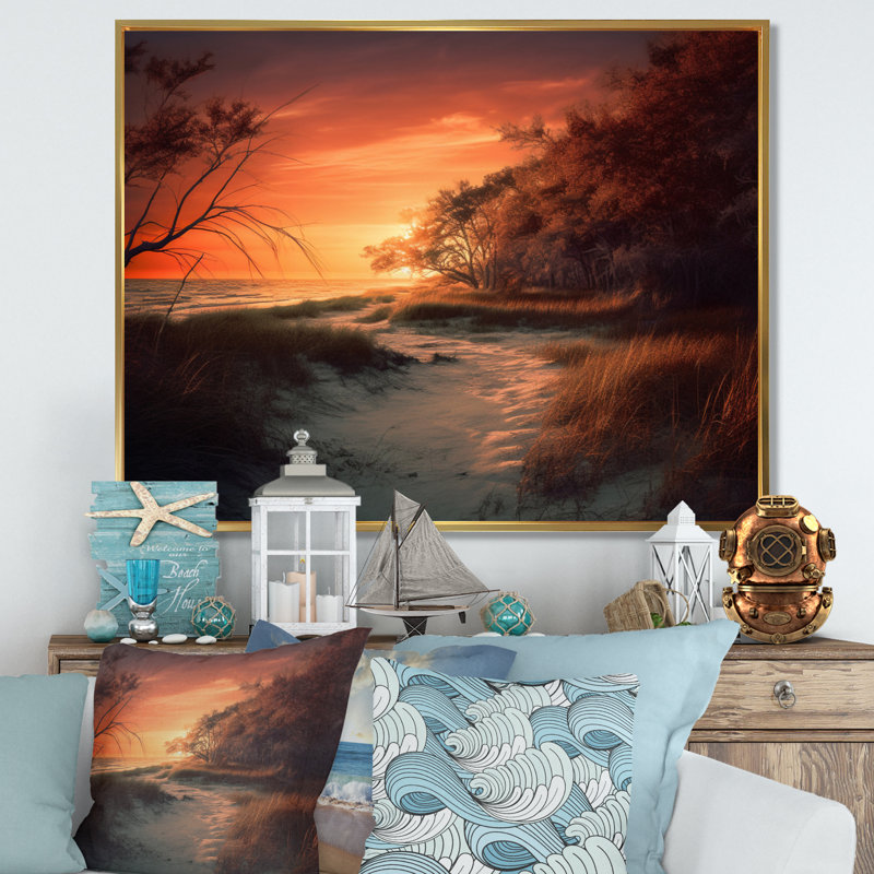 «Beachside Sunset II», reproduction sur toile, Cadre flottant doré, H 12 po x l 20 po x P 1 po