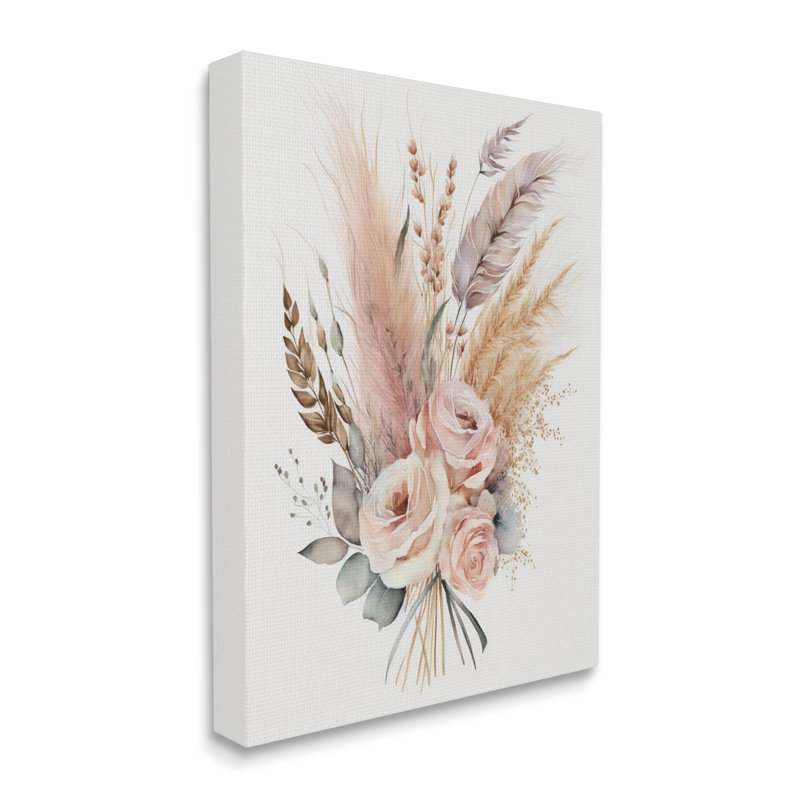 Plumes de bohème et roses sur toile, H 48 po x l 36 po x P 1,5 po