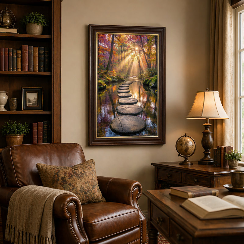 Art mural antique sur toile encadré doré pour le salon, la chambre à coucher, le bureau ou le vestibule - décoration murale décorative avec sentier forestier