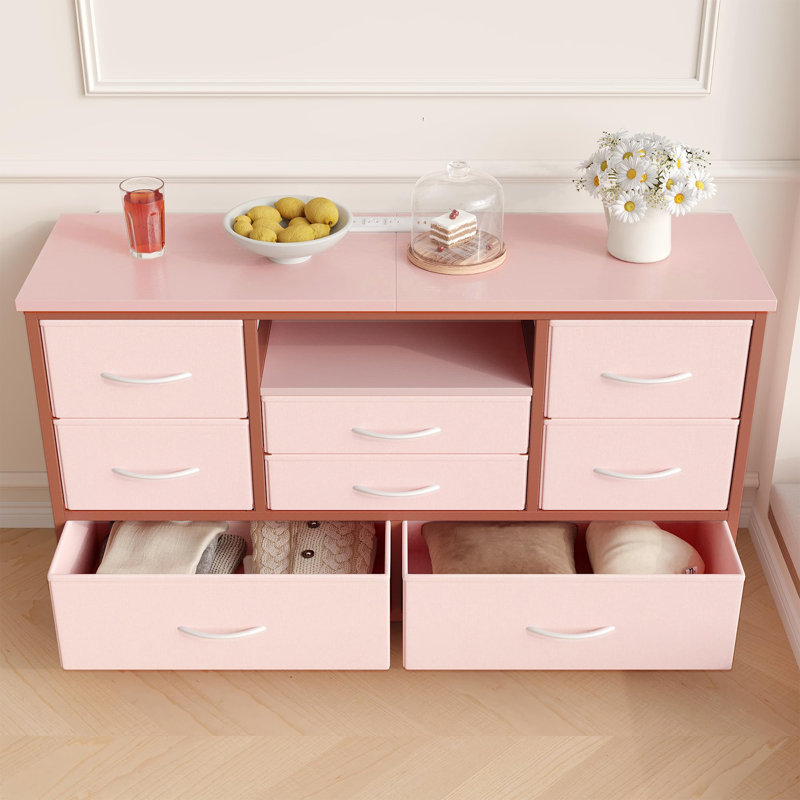 8-Drawer Fabric Dresser TV Stand with RGB LED & Power Outlet, Wood-Top Storage Console for 55" TV, Pink