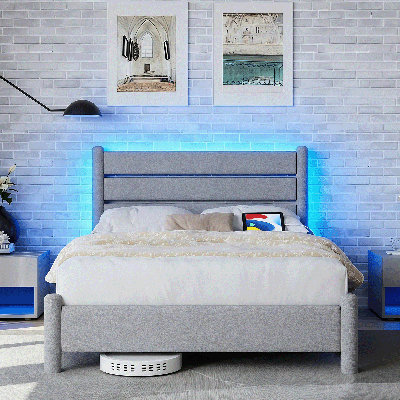 Full Size Bed Frame with Charging Station, LED Bed with Upholstered Storage Headboard, Metal Platform Bed with Under Bed Storage, No Box Spring Needed, Noise Free, Easy Assembly, Light Grey