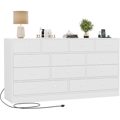 Commode 12 tiroirs en bois avec station de charge, large meuble télé pour chambre à coucher, salon