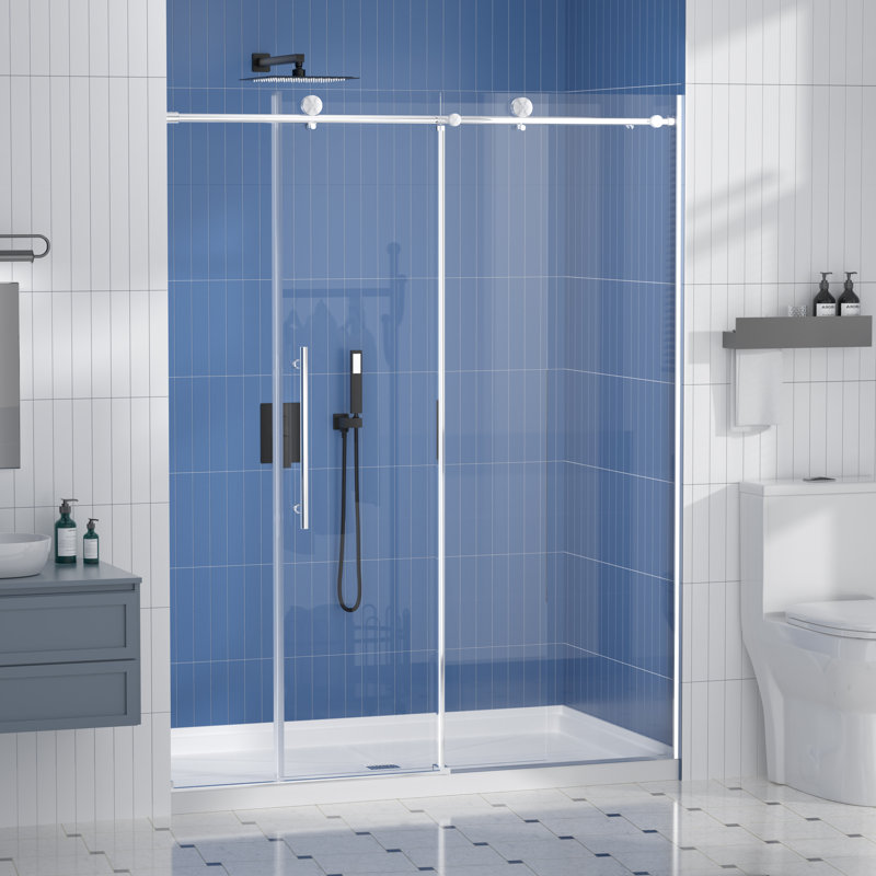 56＂- 60＂W × 75＂H Single Sliding Frameless Shower Door with 5/16＂Clear Tempered Glass, Brushed Nickel
