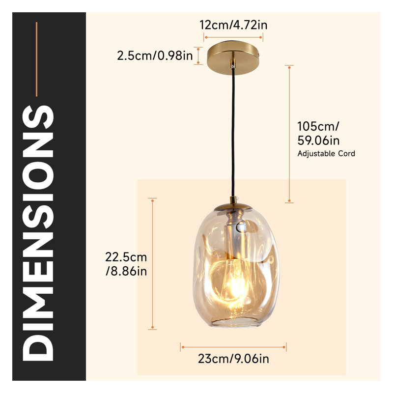 Luminaire suspendu moderne en verre transparent soufflé à la main avec finition dorée brossée, base simple E26 pour îlot de cuisine, salle à manger, chambre à coucher