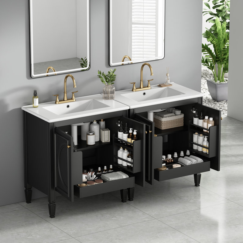 Meuble-lavabo double autoportant de 60 po de largeur avec charnières à fermeture douce, tablettes réglables et tiroirs, Noir