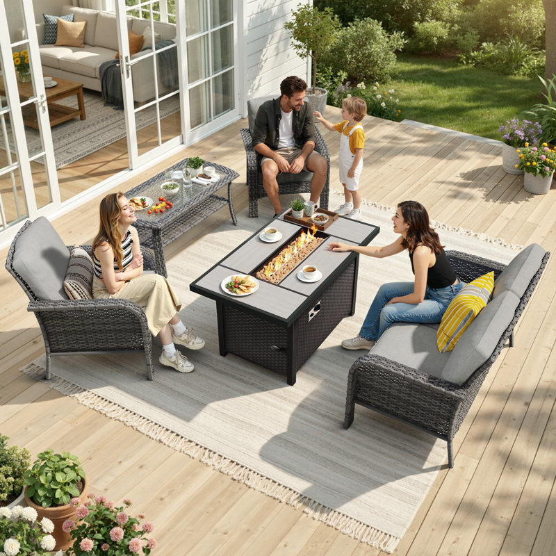 5 Piece Sofa Seating Group with fire pit and Cushions, Dark Gray