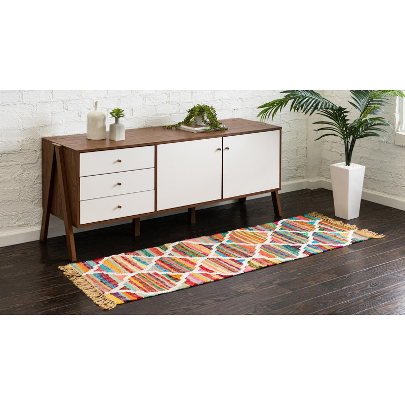 Tapis rouge / jaune / bleu en coton tissé à plat à la main Hancock, Tapis de couloir 2 pi 2 po x 6 pi 1 po