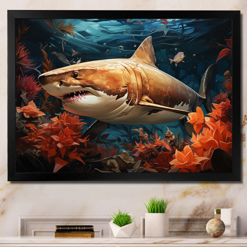 " Grey Orange Shark Underwater Symphony ", 24" H x 32" W, Black Picture Framed