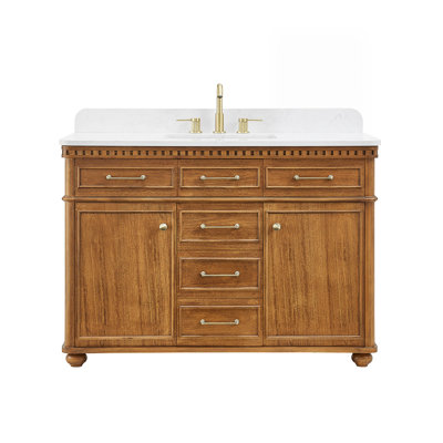 Meuble-lavabo simple Clarion de 48 po, couleur mangue brun, avec comptoir en pierre reconstituée blanche grainée, sans miroir.